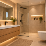 Baño moderno cálido con madera y plantas