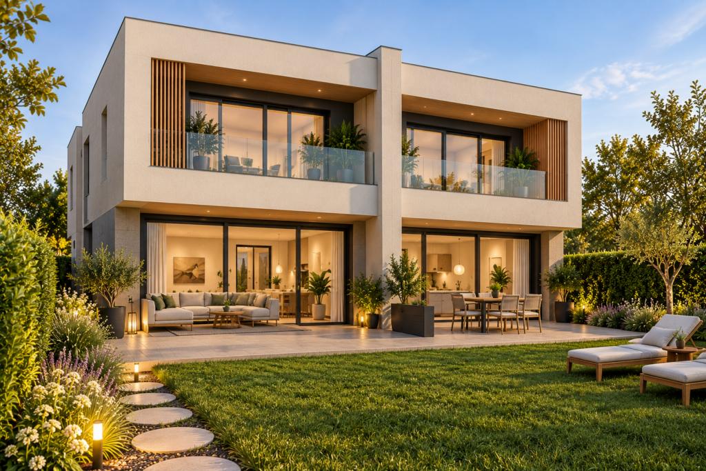 Dúplex moderno al atardecer en el jardín