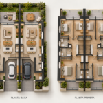 Planos dúplex con jardines y mobiliario