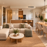 Salón minimalista con cocina abierta y jardín